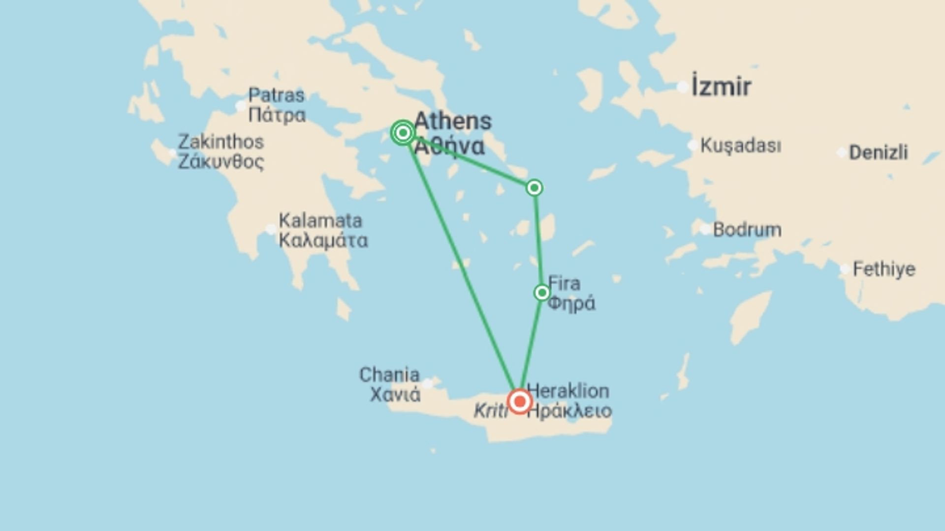 A map showing the tour itinerary for the trip: Wonders of Athens Mykonos Santorini and Crete, starting in Athens, Greece and ending in Heraklion, Greece going through 2 other destinations.