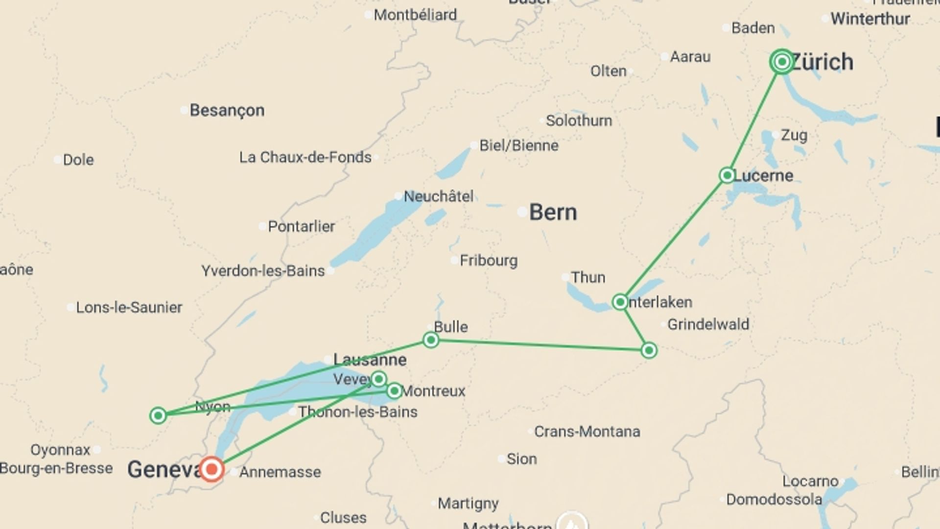 A map showing the tour itinerary for the trip: Enchanting Switzerland Small Group Tour, starting in Zurich, Switzerland and ending in Geneva, Switzerland going through 4 other destinations.