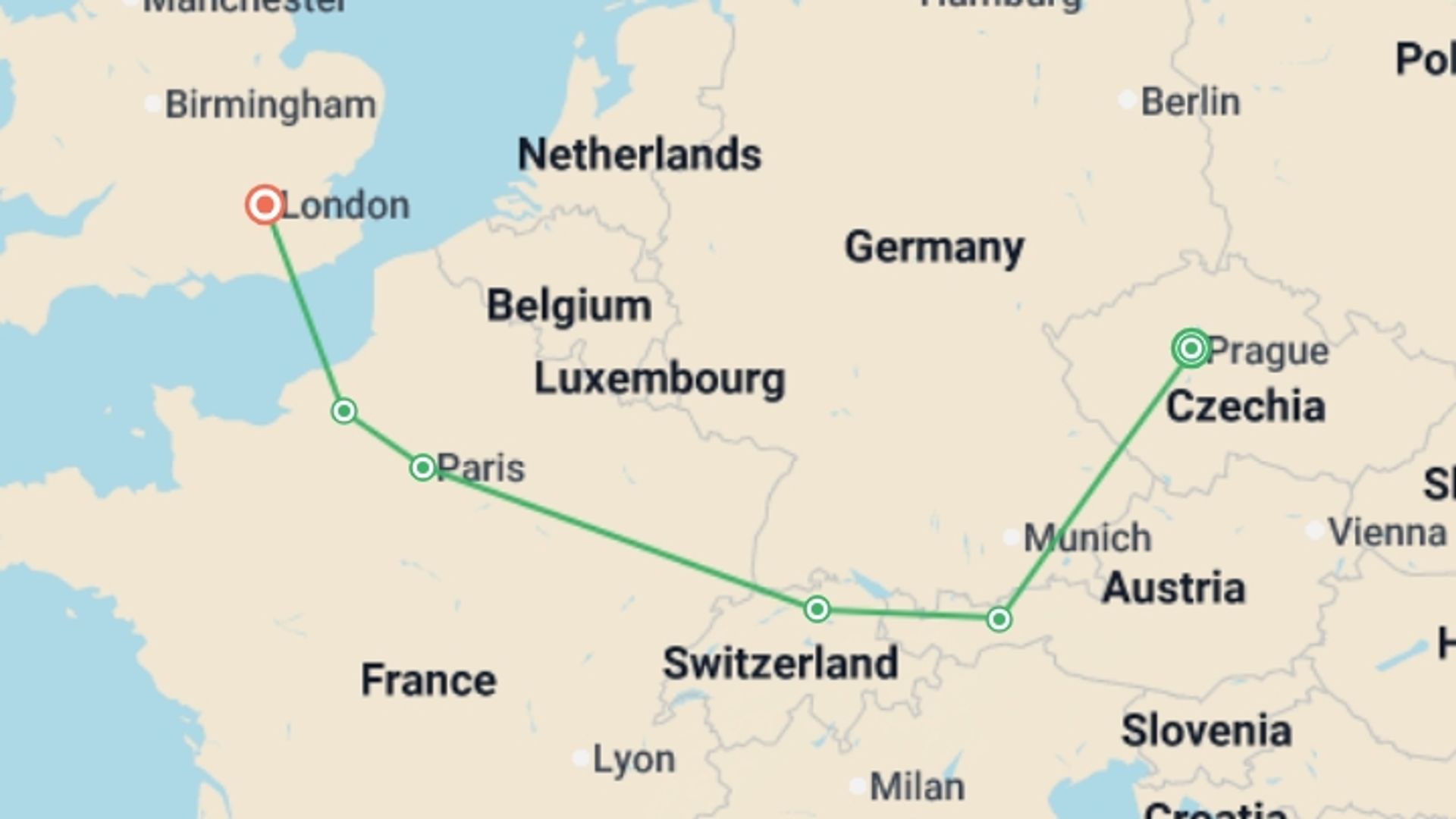 A map showing the tour itinerary for the trip: Great European Cities GO, starting in Prague, Czech Republic and ending in London, England going through 4 other destinations.