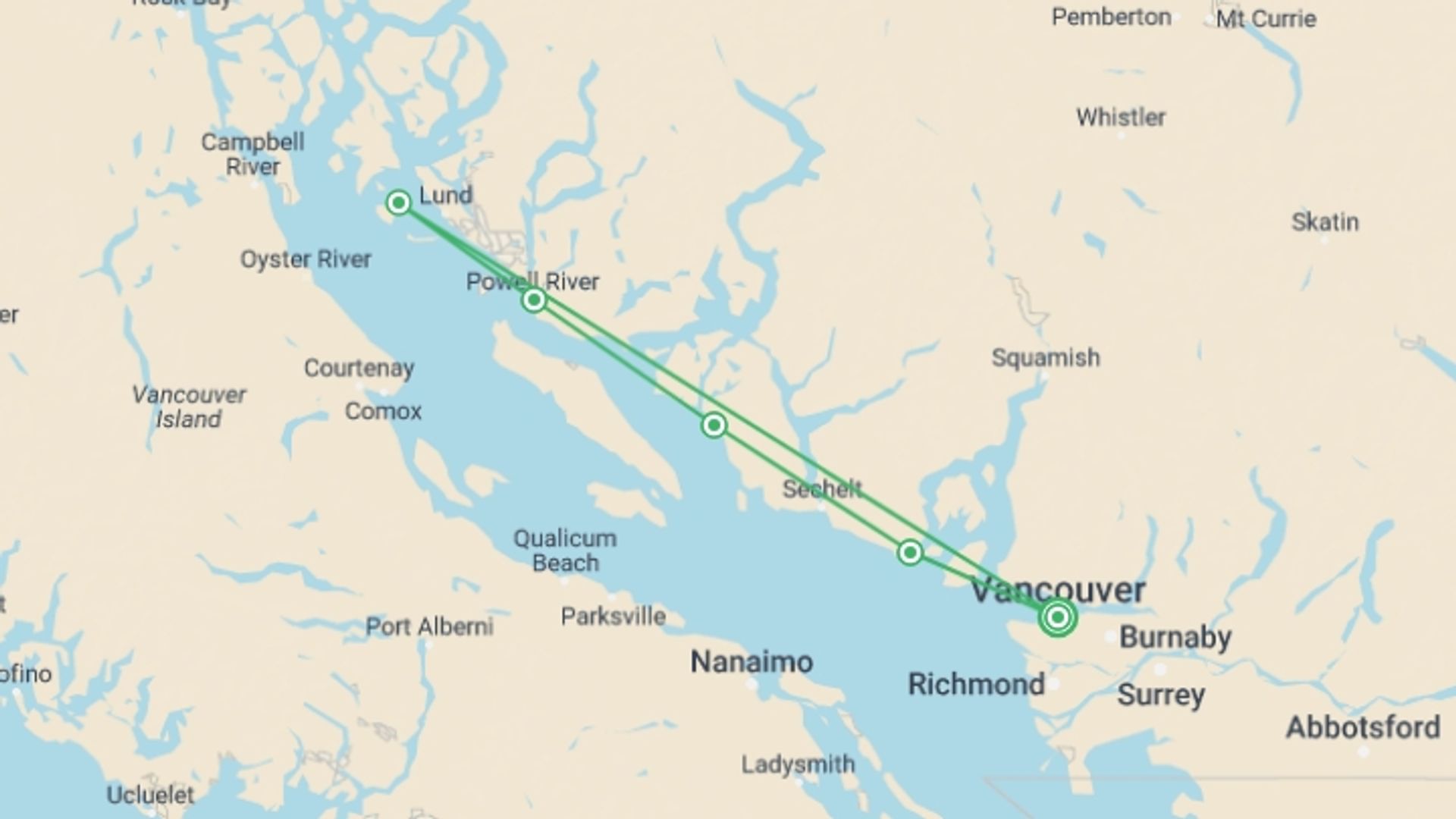 A map showing the tour itinerary for the trip: Walk & Paddle Canada's Sunshine Coast, starting in Vancouver, Canada and ending in Vancouver, Canada going through 4 other destinations.
