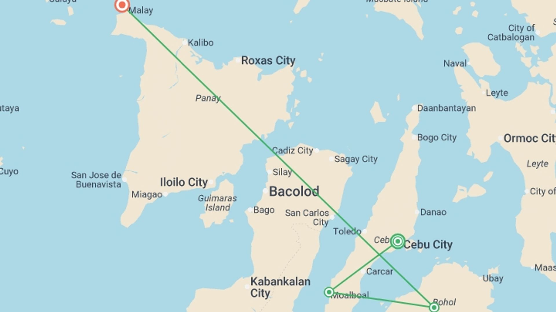 A map showing the tour itinerary for the trip: Cebu to Boracay Adventure - 10 days, starting in Cebu City, Philippines and ending in Boracay, Philippines going through 4 other destinations.
