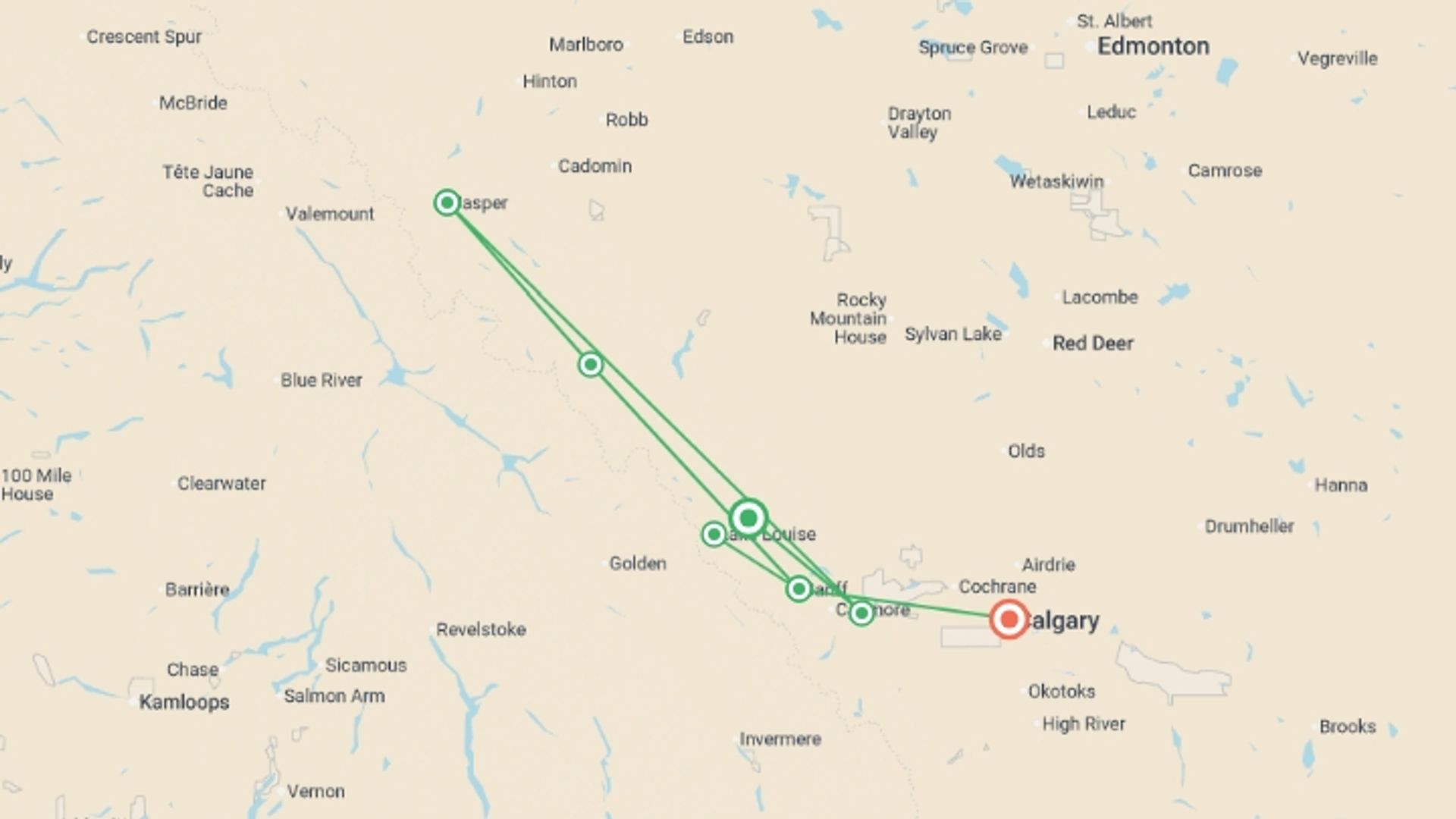 A map showing the tour itinerary for the trip: Spectacular Rockies and Glaciers of Alberta, starting in Banff National Park, Canada and ending in Calgary, Canada going through 5 other destinations.