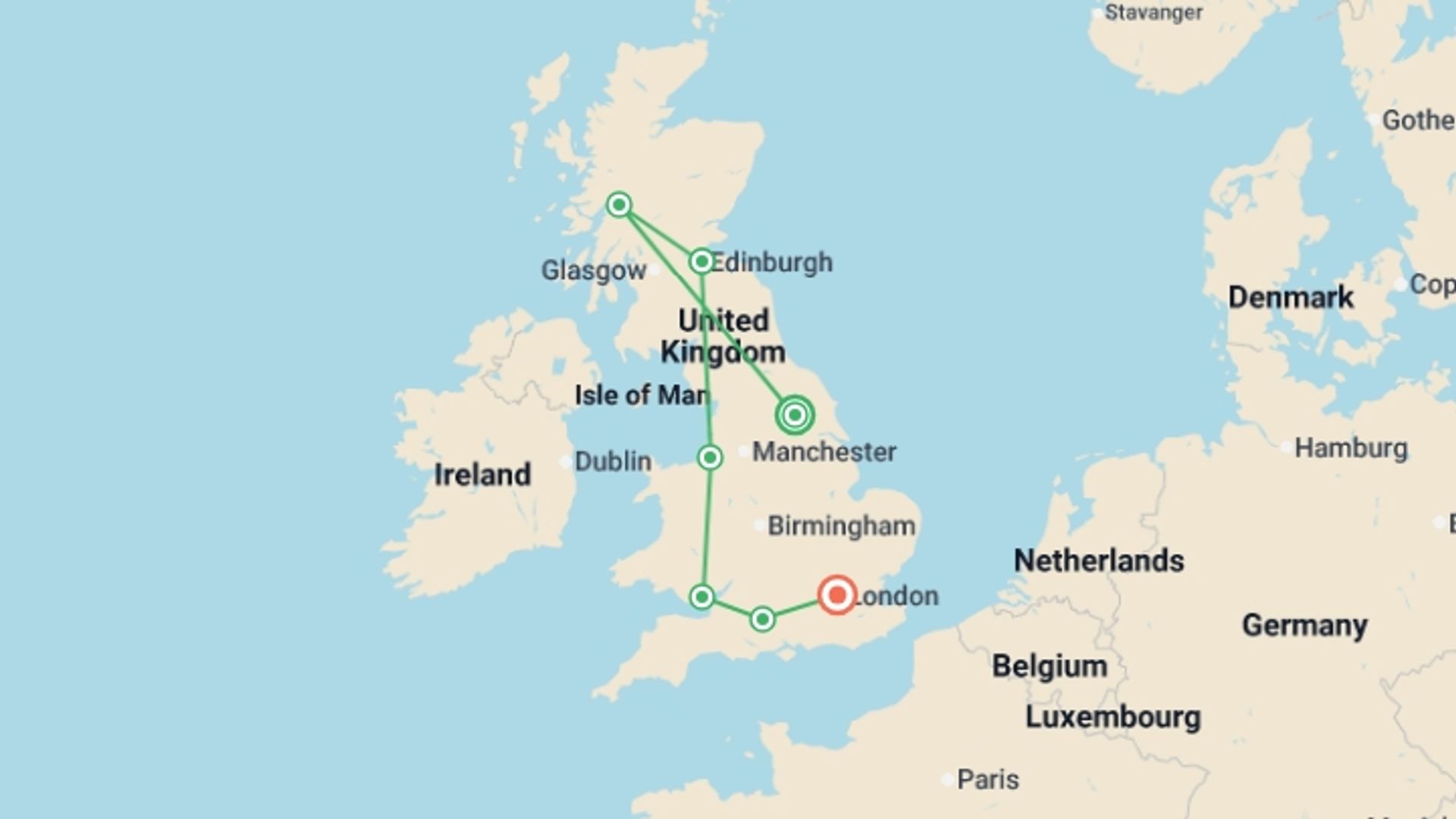 A map showing the tour itinerary for the trip: Great Britain Christmas, starting in York, England and ending in London, England going through 5 other destinations.
