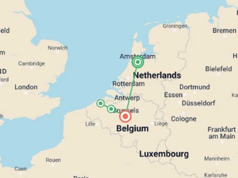 Map of Amsterdam Explorer Tour with 2 destination visits for the trip: Amsterdam & Brussels Discovery