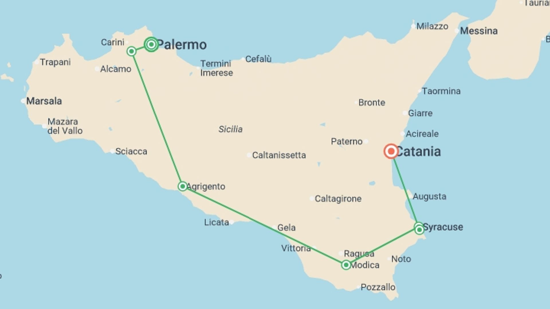 A map showing the tour itinerary for the trip: A Taste of Sicily - Palermo to Syracuse, starting in Palermo, Italy and ending in Catania, Italy going through 5 other destinations.