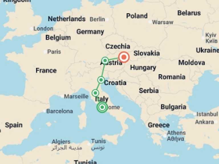 Map itinerary of Europe Tour in July 2026 with 5 destination visits for the trip: Classical Symphony