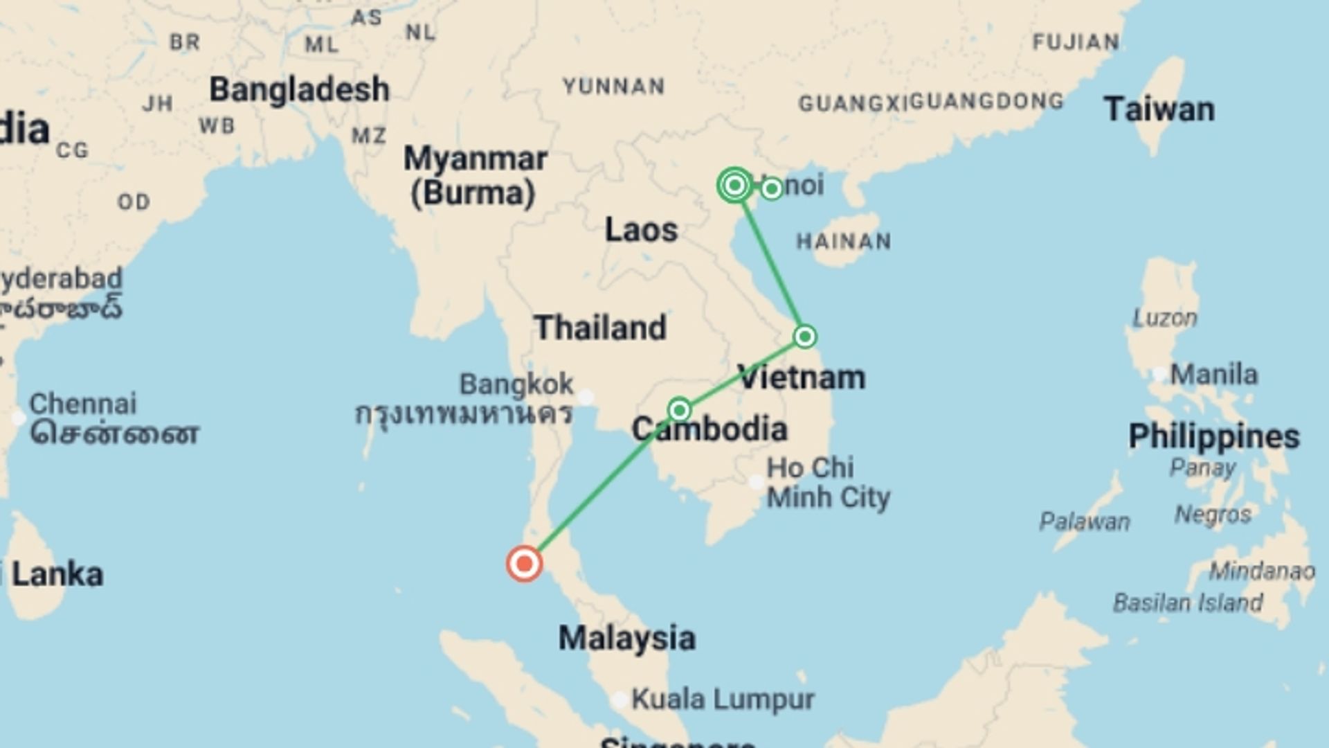 A map showing the tour itinerary for the trip: Vietnam, Cambodia & Thailand Highlights - 10 days, starting in Hanoi, Vietnam and ending in Phuket, Thailand going through 4 other destinations.