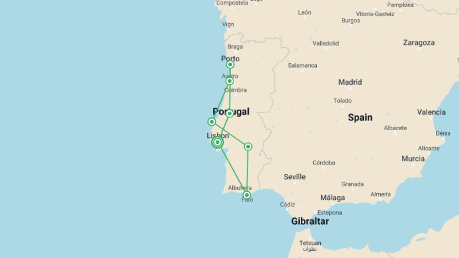 A map showing the tour itinerary for the trip: Portugal Highlights, starting in Lisbon, Portugal and ending in Lisbon, Portugal going through 3 other destinations.