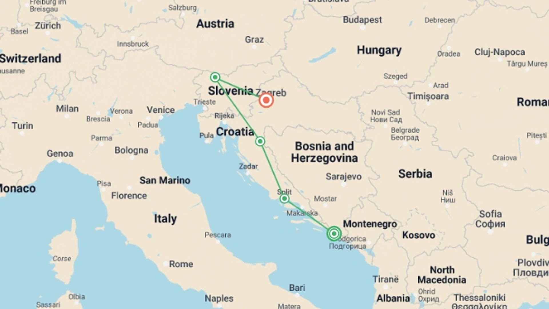 A map showing the tour itinerary for the trip: Best of Croatia, starting in Dubrovnik, Croatia and ending in Zagreb, Croatia going through 3 other destinations.