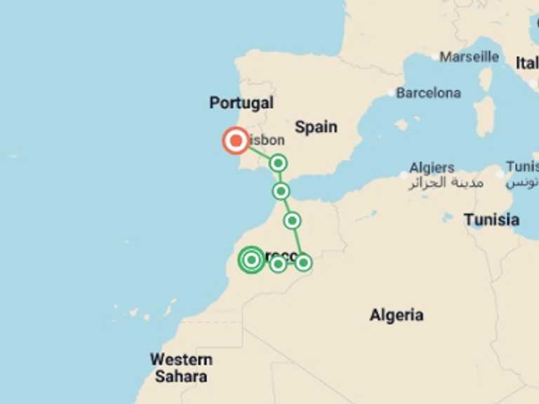 Map itinerary of Europe Tour in February 2027 with 7 destination visits for the trip: From Marrakesh to Lisbon