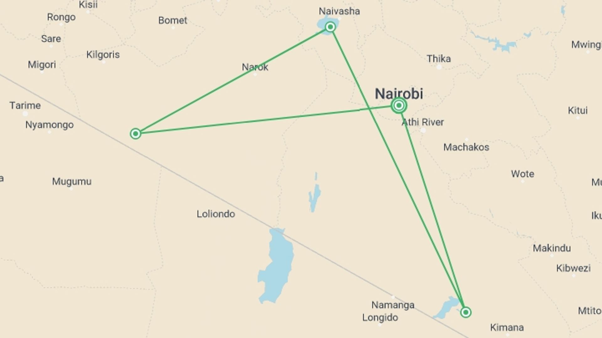 A map showing the tour itinerary for the trip: Masai Mara, Lake Naivasha and Amboseli Adventure, starting in Nairobi, Kenya and ending in Nairobi, Kenya going through 4 other destinations.
