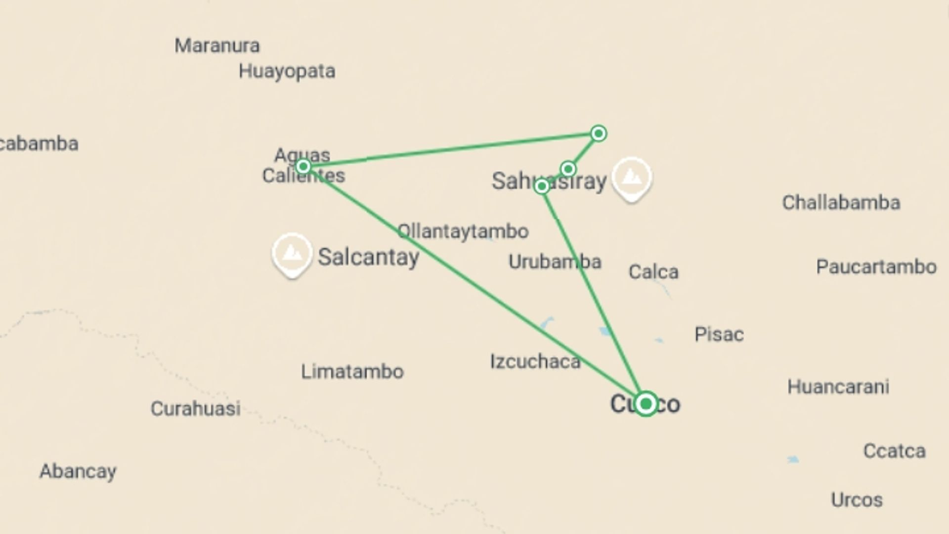 A map showing the tour itinerary for the trip: Lares Trek, starting in Cusco, Peru and ending in Cusco, Peru going through 4 other destinations.