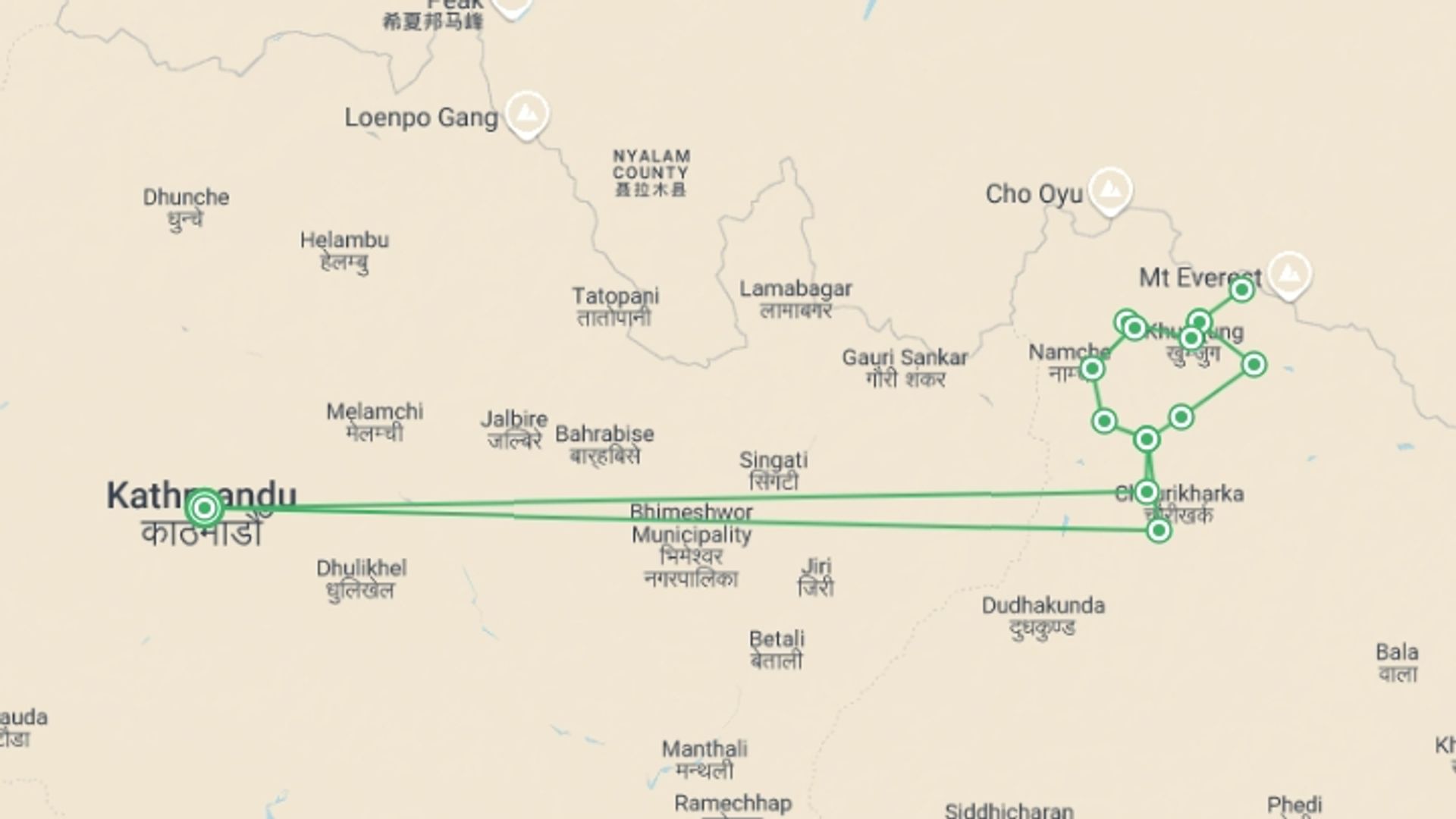 A map showing the tour itinerary for the trip: Everest Base Camp - 3 High Passes Trek, starting in Kathmandu, Nepal and ending in Kathmandu, Nepal going through 13 other destinations.