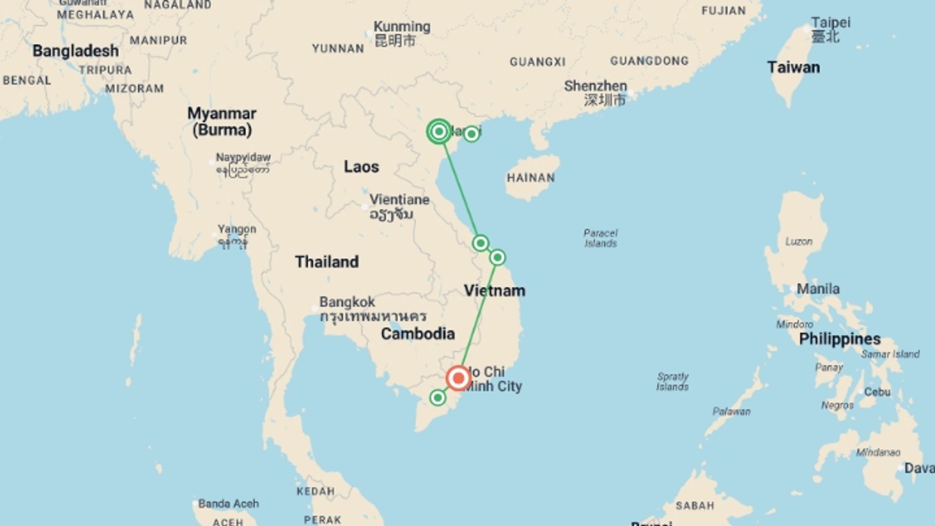 A map showing the tour itinerary for the trip: Vietnam North to South - 12 days, starting in Hanoi, Vietnam and ending in Ho Chi Minh City, Vietnam going through 6 other destinations.