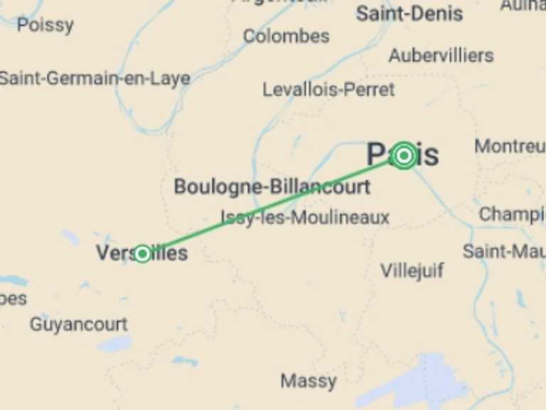 Map itinerary of Mediterranean Tour in June 2026 with 2 destination visits for the trip: Paris And Versailles