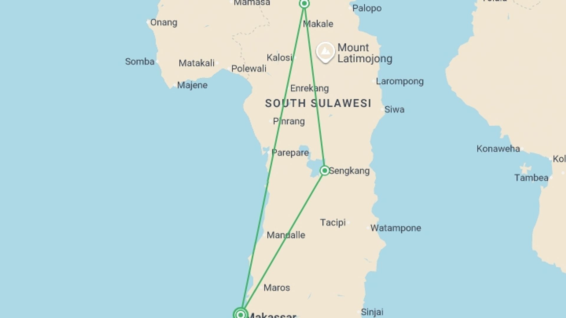 A map showing the tour itinerary for the trip: South Sulawesi Discovery - 6 days, starting in Makassar, Indonesia and ending in Makassar, Indonesia going through 2 other destinations.