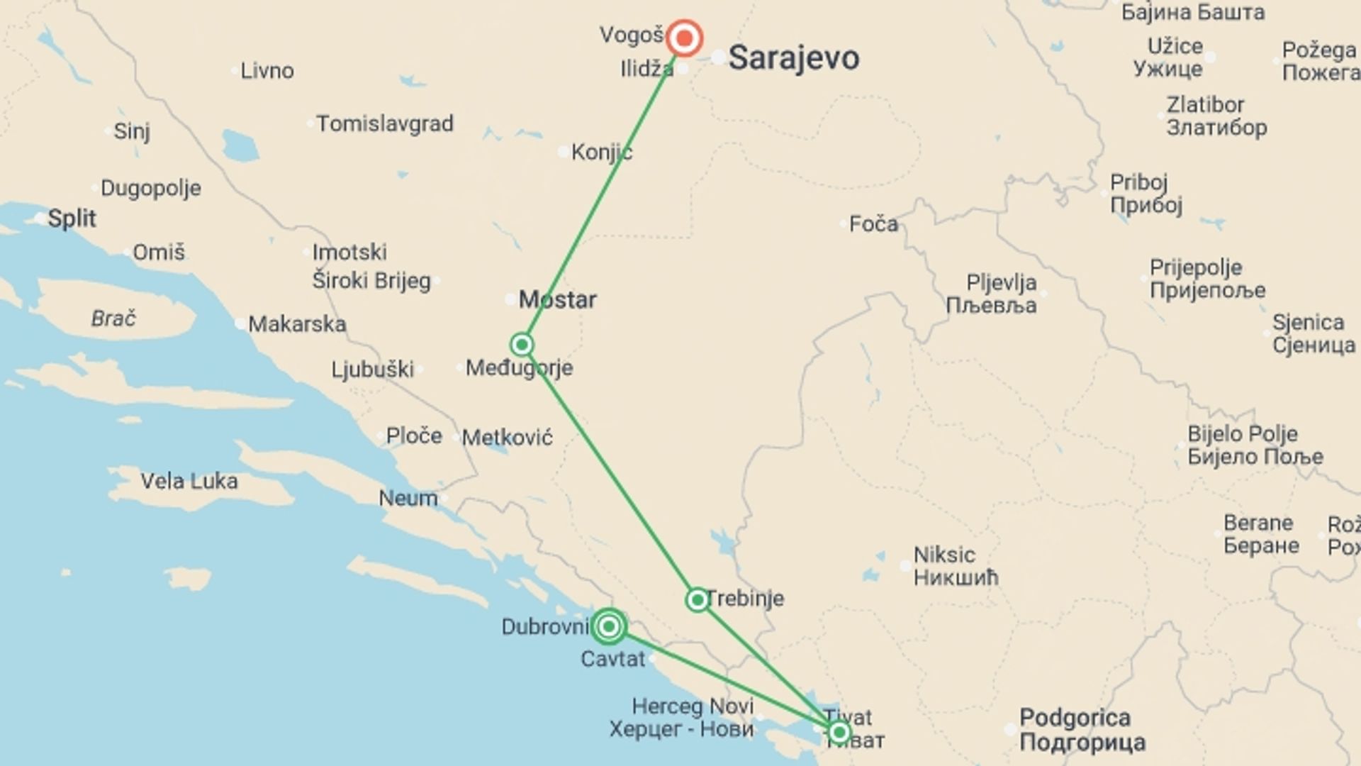 A map showing the tour itinerary for the trip: Journeys: Discover Montenegro and Bosnia, starting in Dubrovnik, Croatia and ending in Sarajevo, Bosnia Herzegovina going through 3 other destinations.