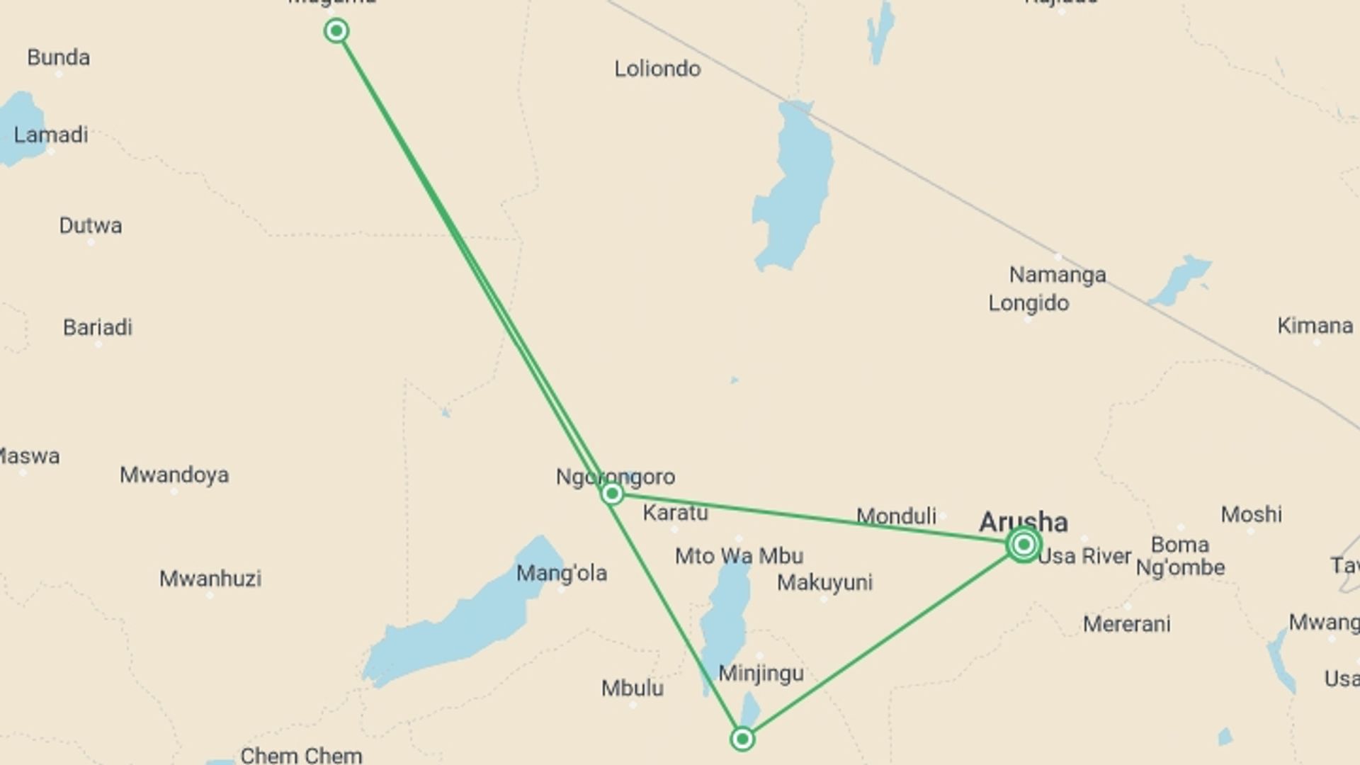 A map showing the tour itinerary for the trip: Tanzania Safari, starting in Arusha, Tanzania and ending in Arusha, Tanzania going through 4 other destinations.