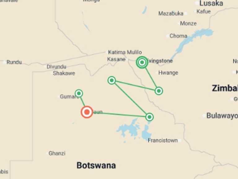 Map of Africa Tour with 5 destination visits for the trip: Zimbabwe & Chobe Safari: From Victoria Falls to the Okavango