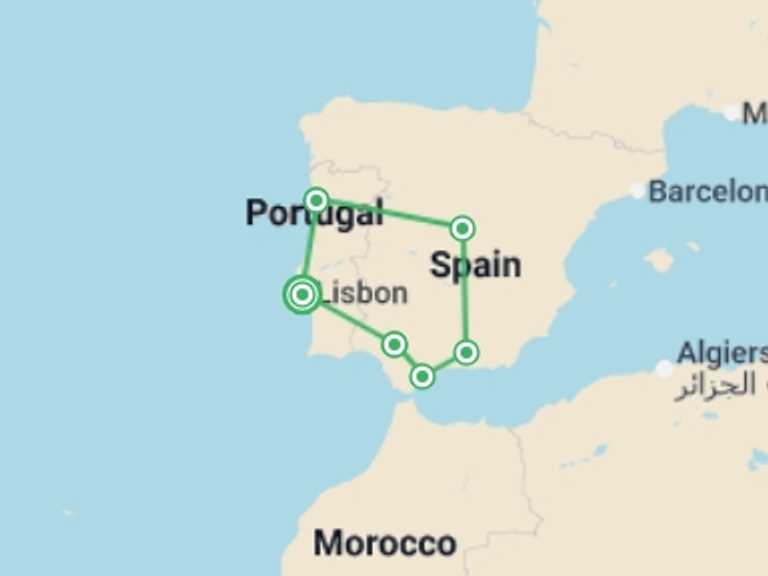 Map itinerary of Europe Tour in August 2026 with 7 destination visits for the trip: Lisbon to Andalucia, Madrid & Porto - 8 days