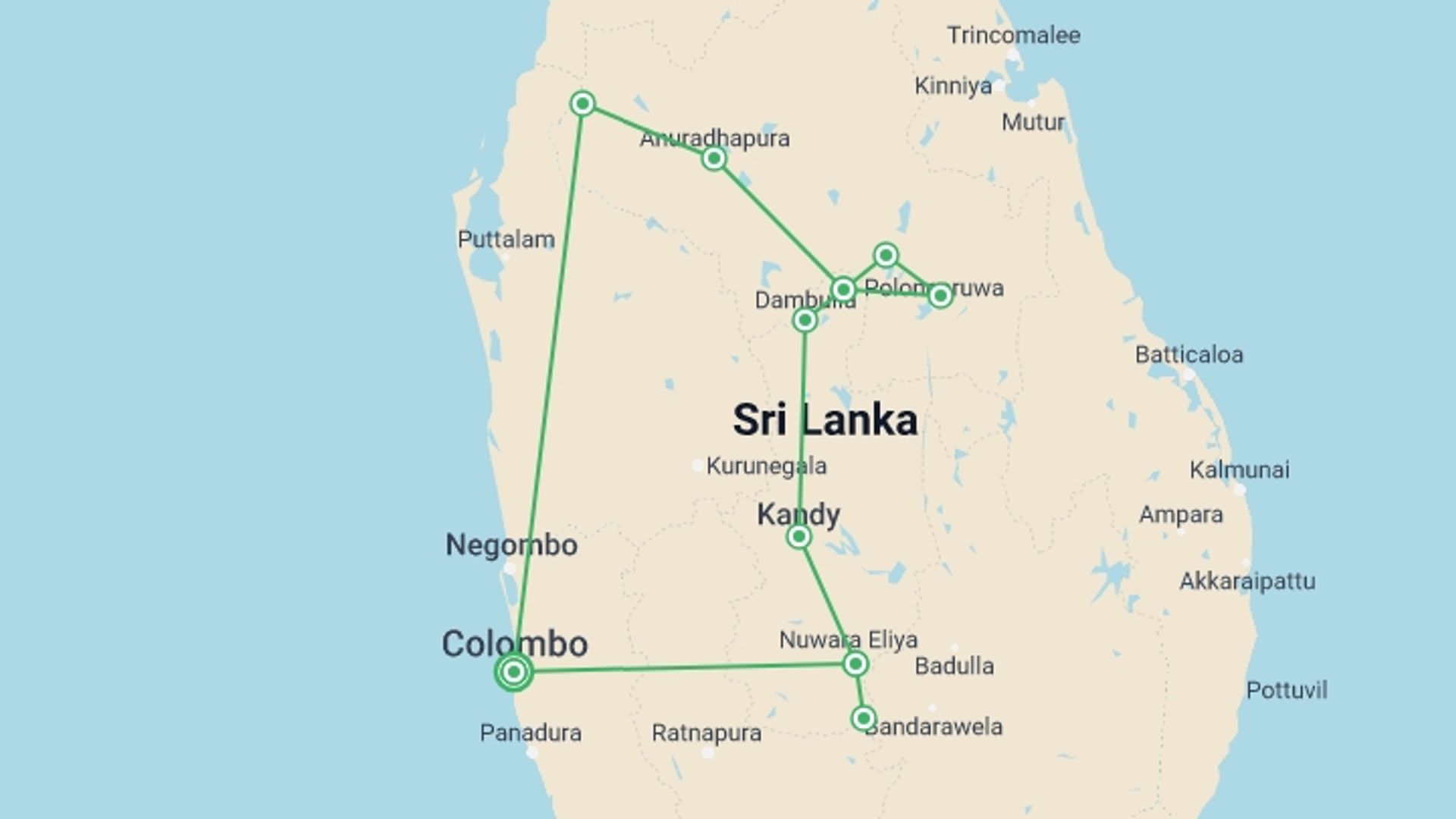 A map showing the tour itinerary for the trip: Splendours of Ceylon (5 & 4 Star Hotels), starting in Colombo, Sri Lanka and ending in Colombo, Sri Lanka going through 3 other destinations.