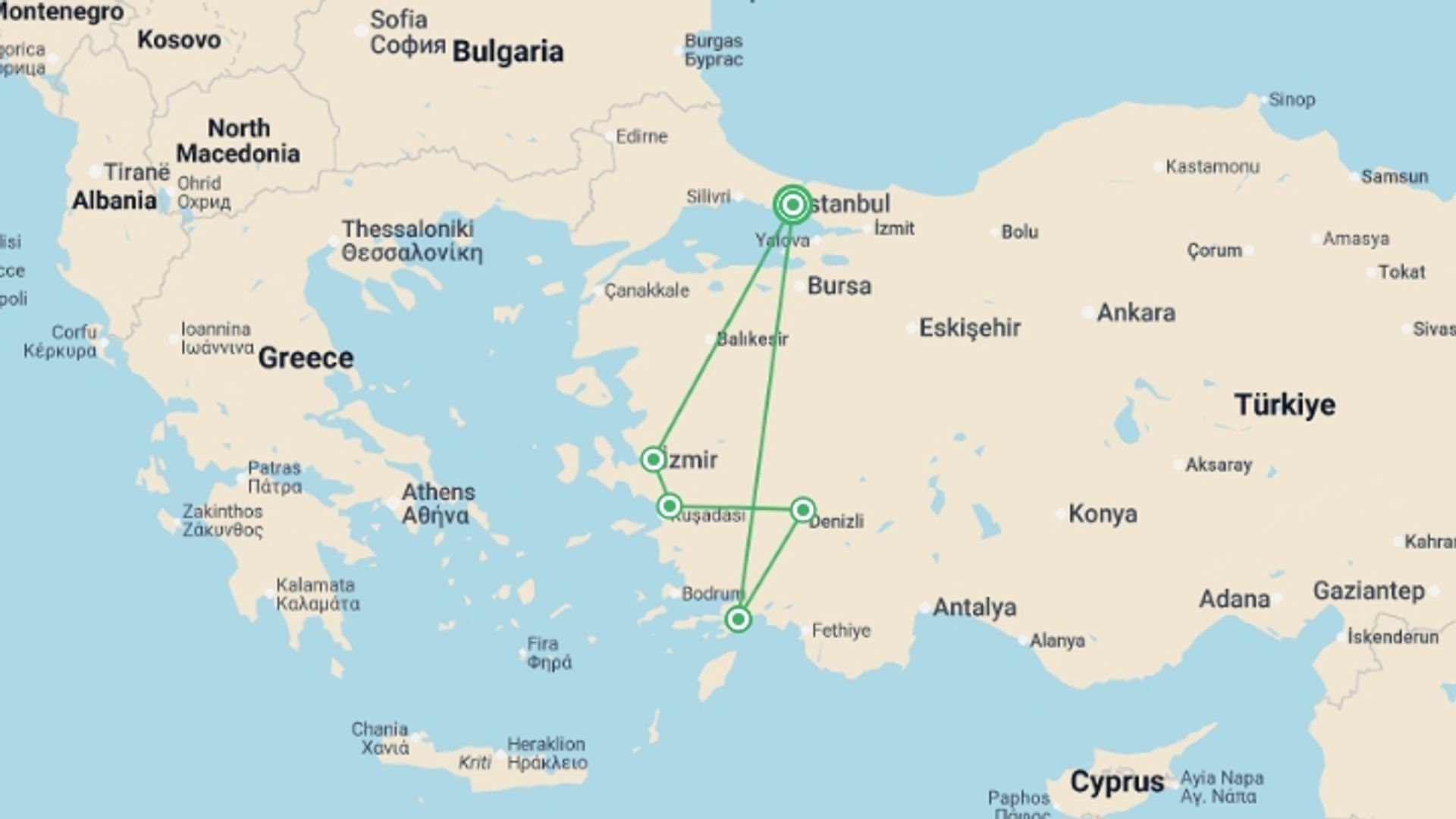 A map showing the tour itinerary for the trip: Jewel's Of Turkey&blue Escape - 10 Days, starting in Istanbul, Turkey and ending in Istanbul, Turkey going through 4 other destinations.