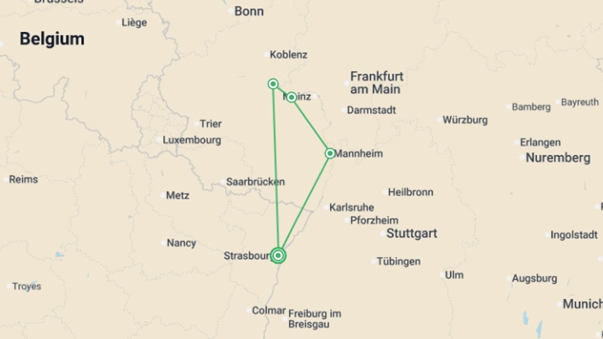 A map showing the tour itinerary for the trip: The Rhine in celebration (Port-Port), starting in Strasbourg, France and ending in Strasbourg, France going through 2 other destinations.