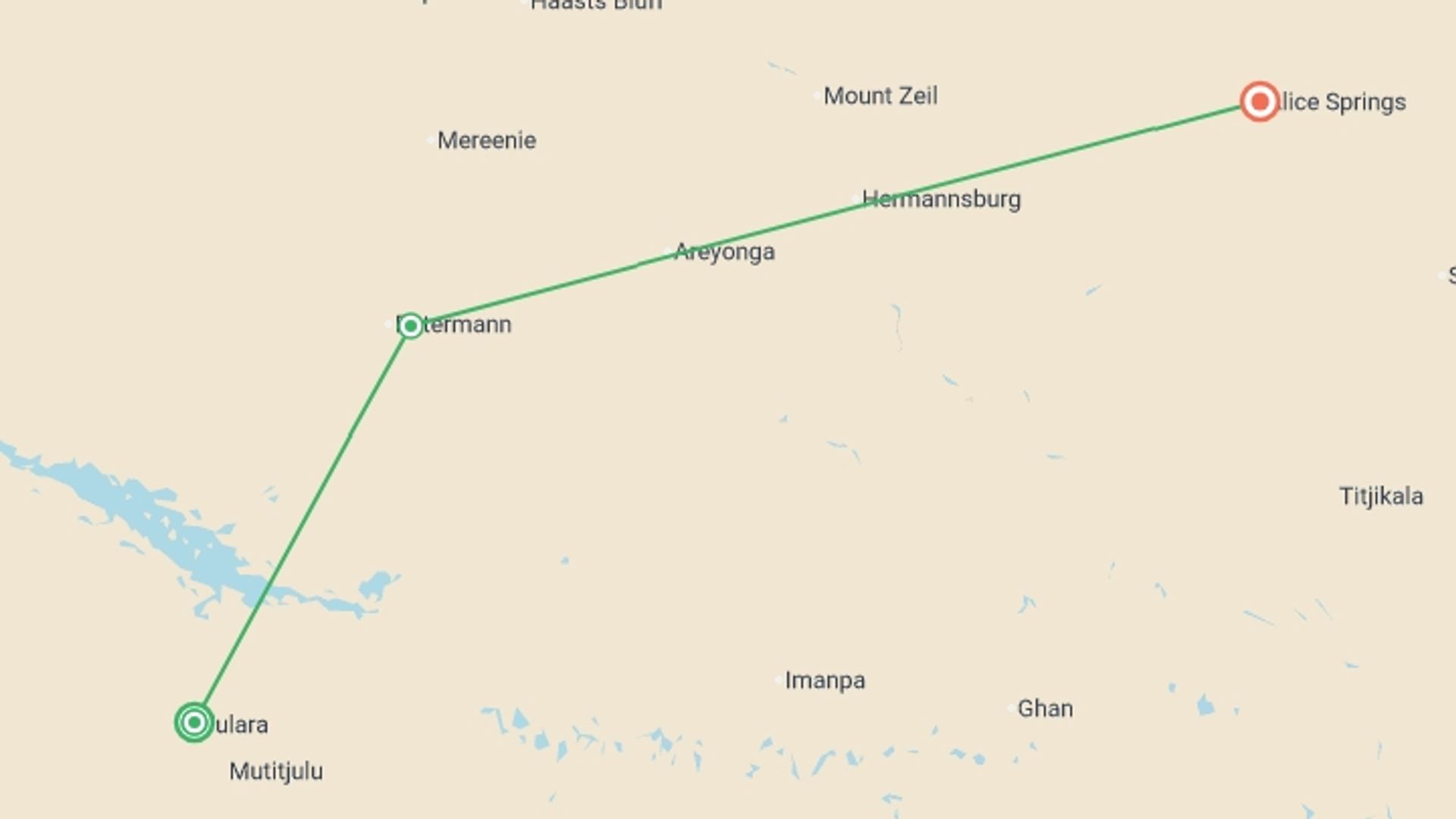 A map showing the tour itinerary for the trip: Red Centre & Uluru Explorer, starting in Yulara, Australia and ending in Alice Springs, Australia going through 1 other destinations.