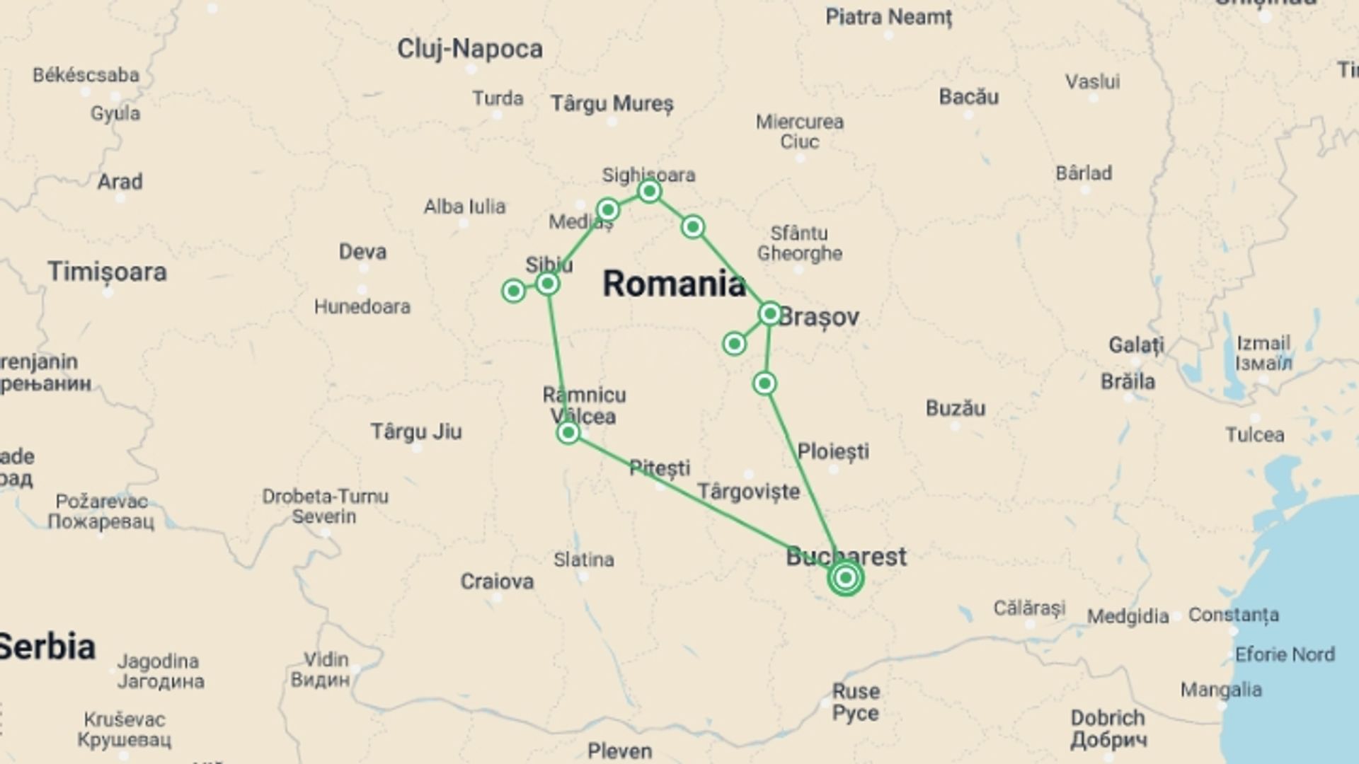 A map showing the tour itinerary for the trip: Romania: Mountains to Monasteries, starting in Bucharest, Romania and ending in Bucharest, Romania going through 4 other destinations.