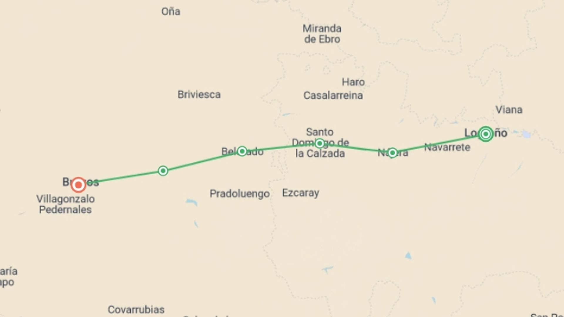A map showing the tour itinerary for the trip: Camino - Logrono to Burgos, starting in Logrono, Spain and ending in Burgos, Spain going through 5 other destinations.