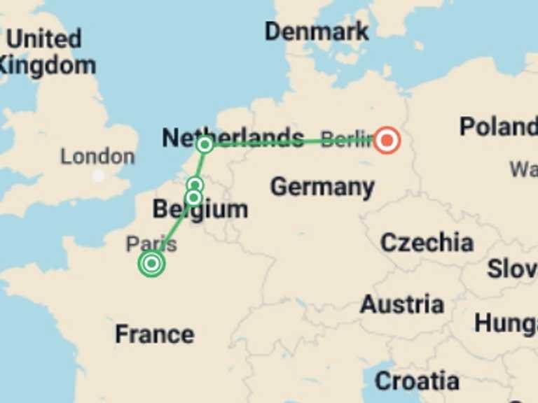Map of Berlin Adventure Tour with 4 destination visits for the trip: Paris to Berlin