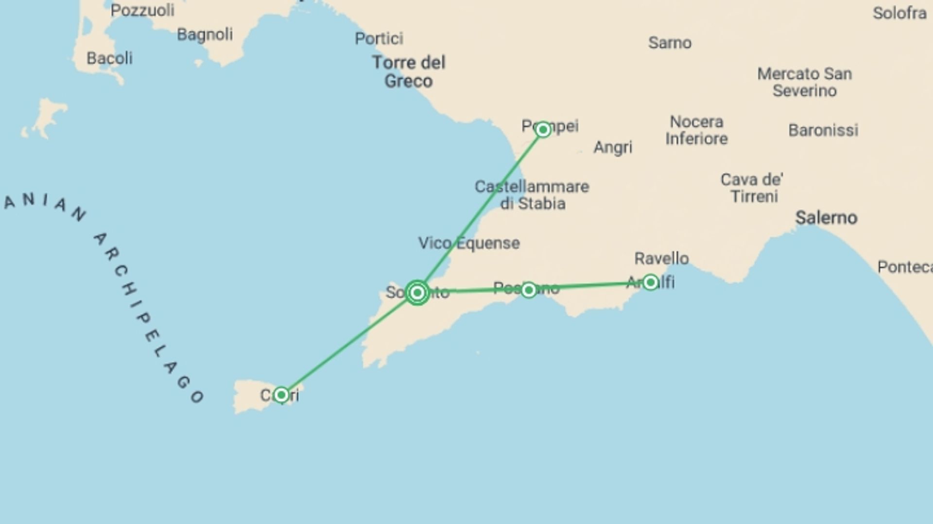 A map showing the tour itinerary for the trip: Sorrento, Amalfi & Capri (3 Star) - 8 days, starting in Sorrento, Italy and ending in Sorrento, Italy going through 0 other destinations.