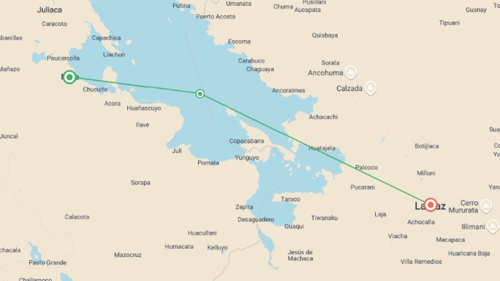 A map showing the tour itinerary for the trip: Lake Titicaca Catamaran 2D/1N (Puno to La Paz), starting in Puno, Peru and ending in La Paz, Bolivia going through 1 other destinations.