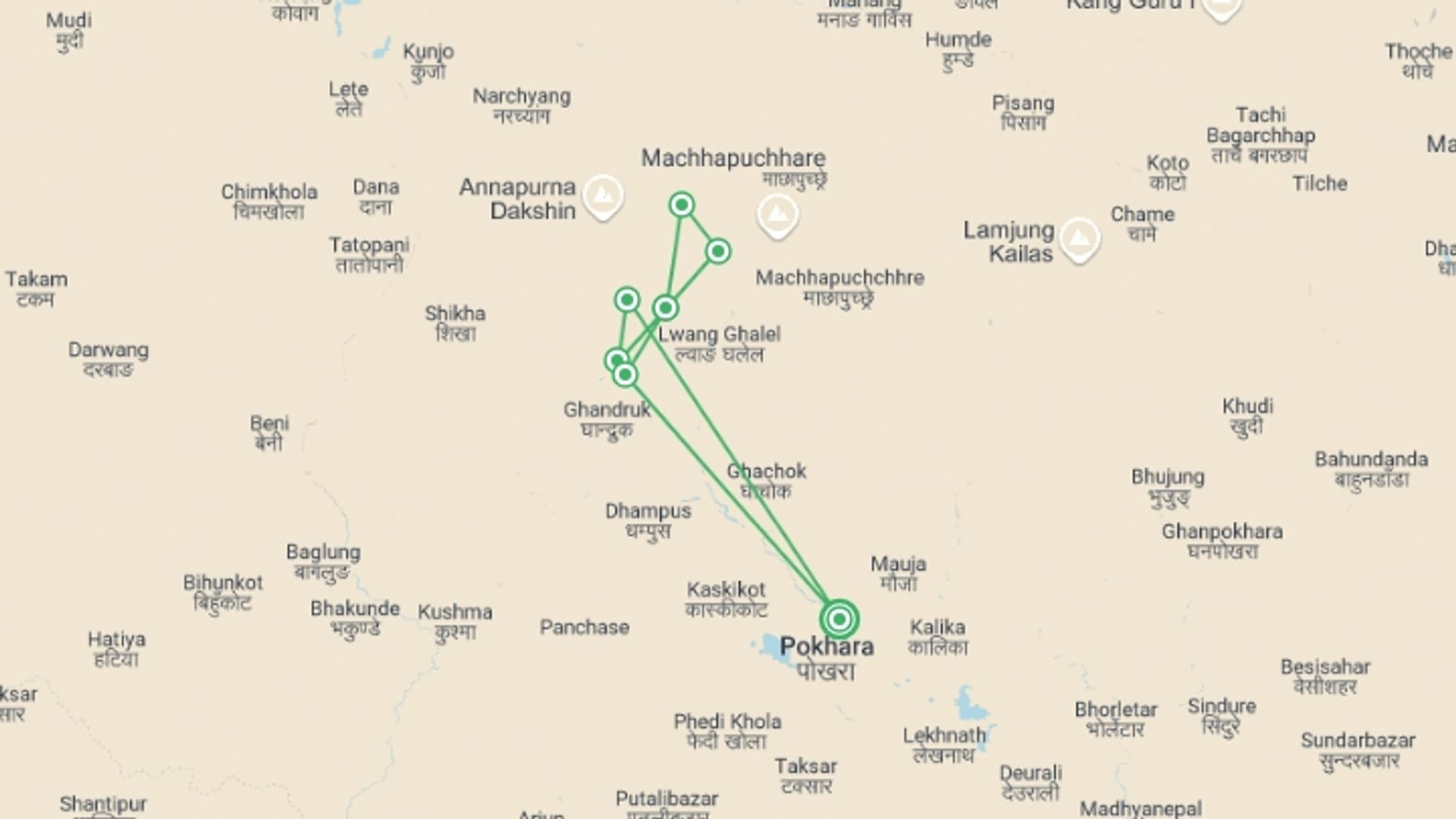 A map showing the tour itinerary for the trip: Annapurna Base Camp Trek, starting in Pokhara, Nepal and ending in Pokhara, Nepal going through 7 other destinations.
