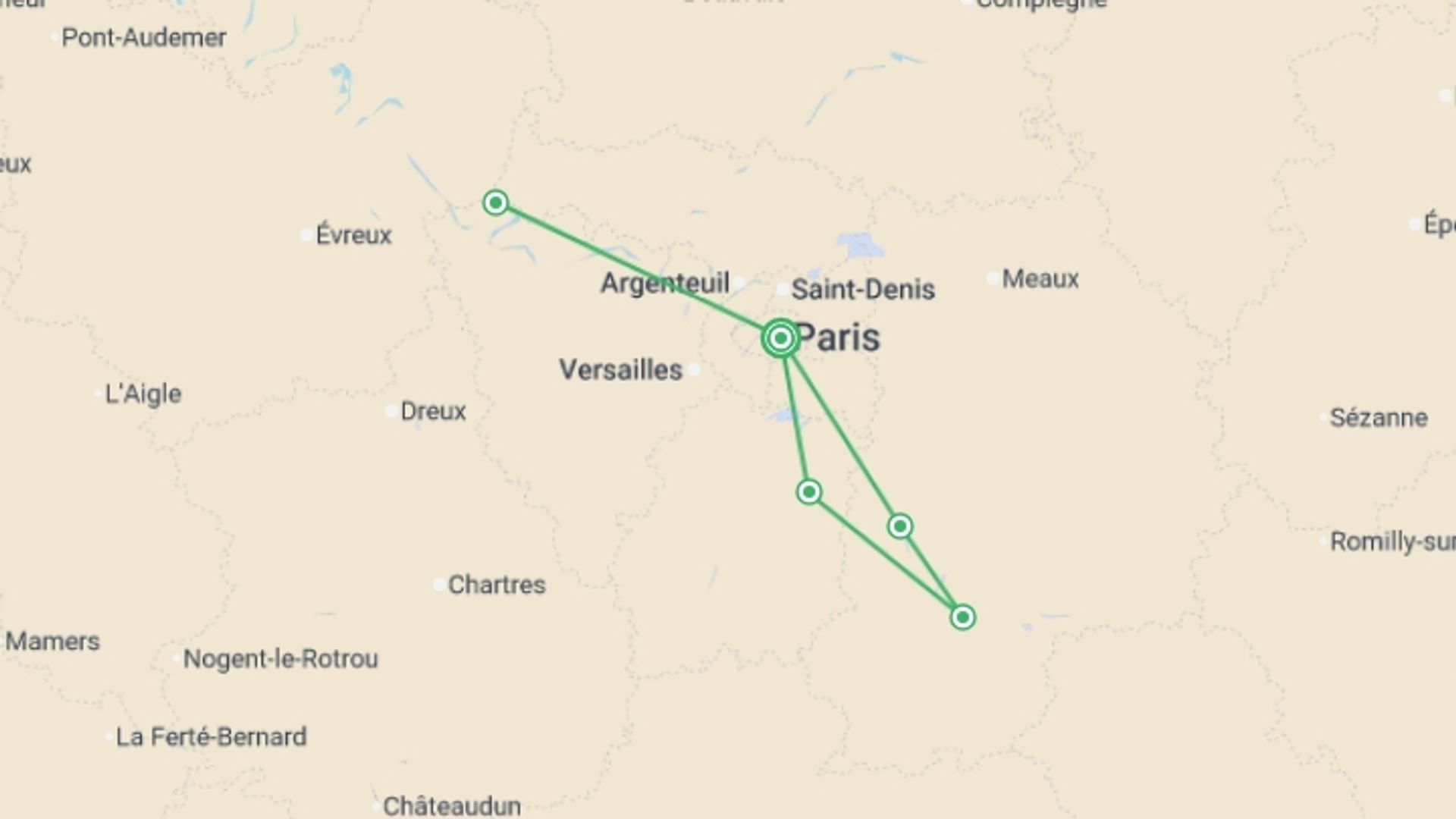 A map showing the tour itinerary for the trip: Little Gems of the Seine: Between Bucolic Stopovers and Royal Shores The Majestic Seine Aboard a Paddle-Wheel Boat (port-to-port cruise), starting in Paris, France and ending in Paris, France going through 3 other destinations.