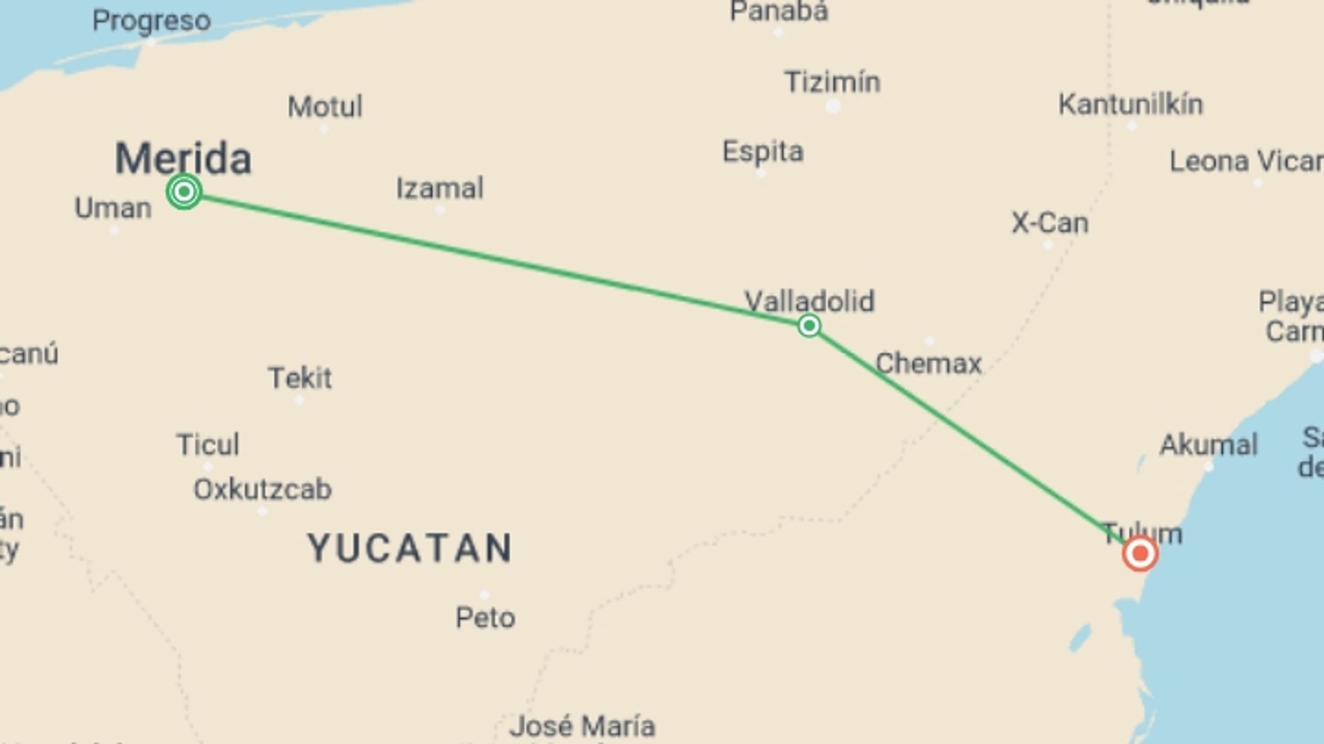 A map showing the tour itinerary for the trip: Yucatan Adventure: Merida, Tulum & Jungle Swims, starting in Merida, Mexico and ending in Tulum, Mexico going through 1 other destinations.