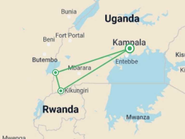 Map of a Gorilla and chimpanzee tracking Tour with 3 destination visits for the trip: 6-day Gorilla Encounter Camping