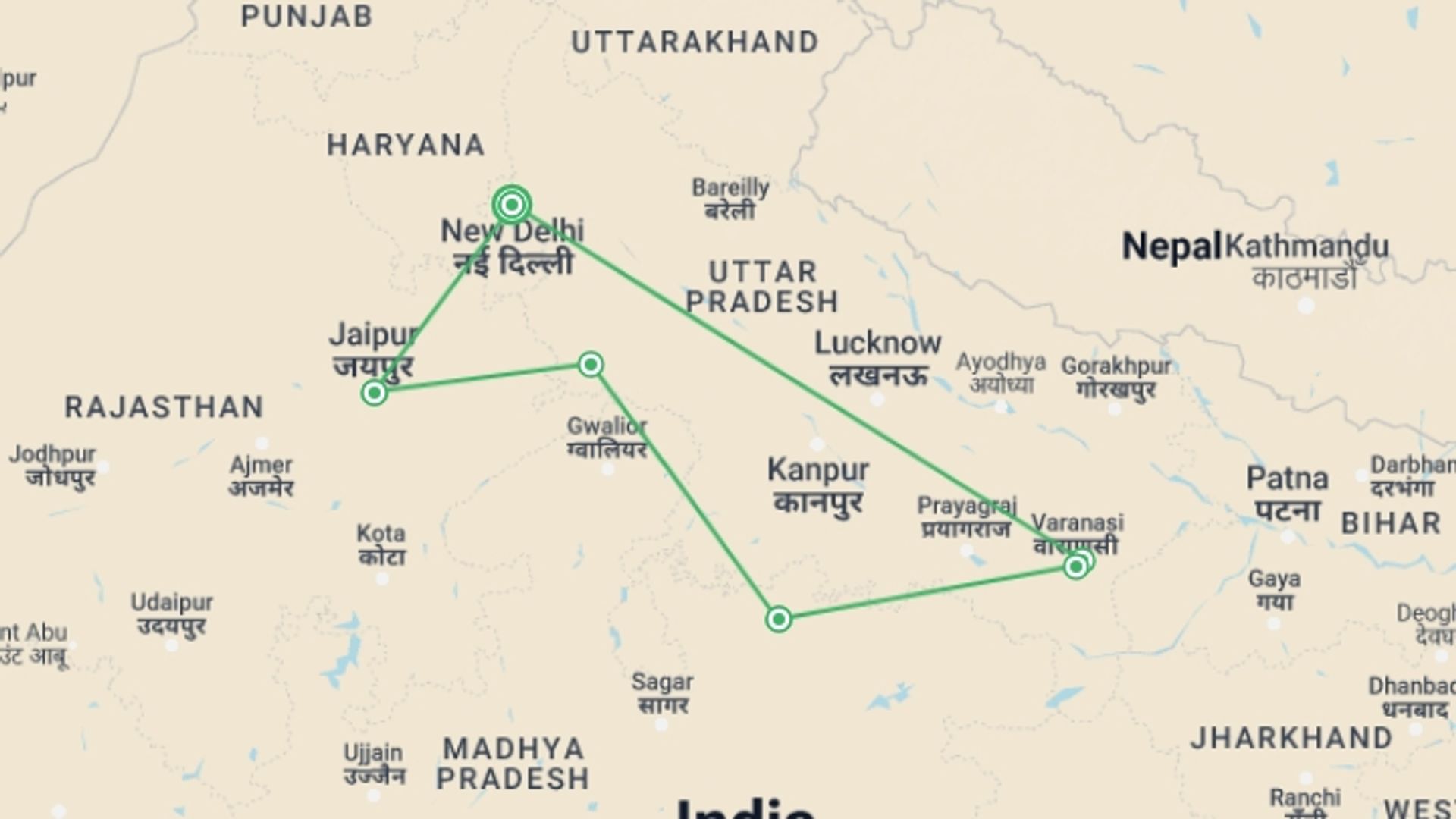 A map showing the tour itinerary for the trip: Golden Triangle With Khajuraho and Varanasi, starting in New Delhi, India and ending in New Delhi, India going through 5 other destinations.