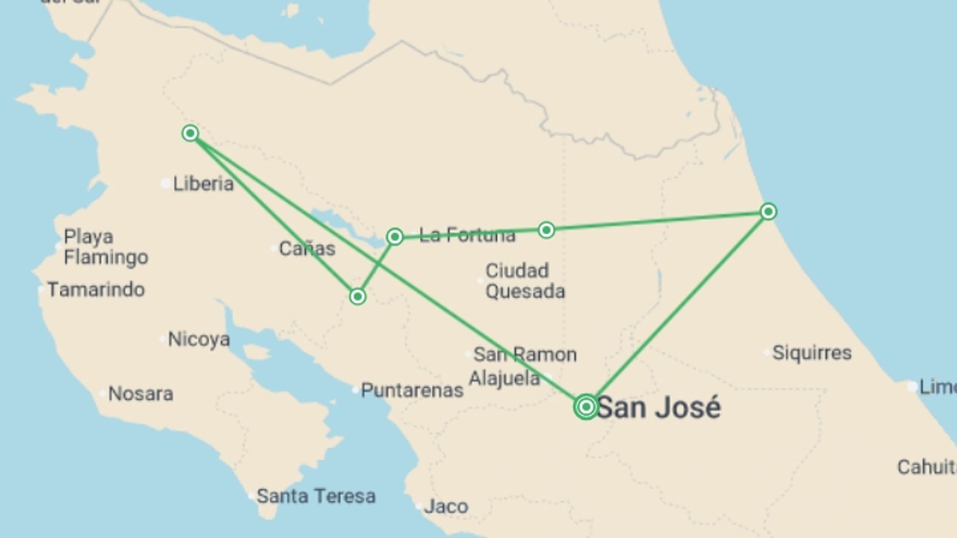 A map showing the tour itinerary for the trip: Costa Rica: Living Wonders, French-speaking Guide, starting in San Jose, Costa Rica and ending in San Jose, Costa Rica going through 4 other destinations.