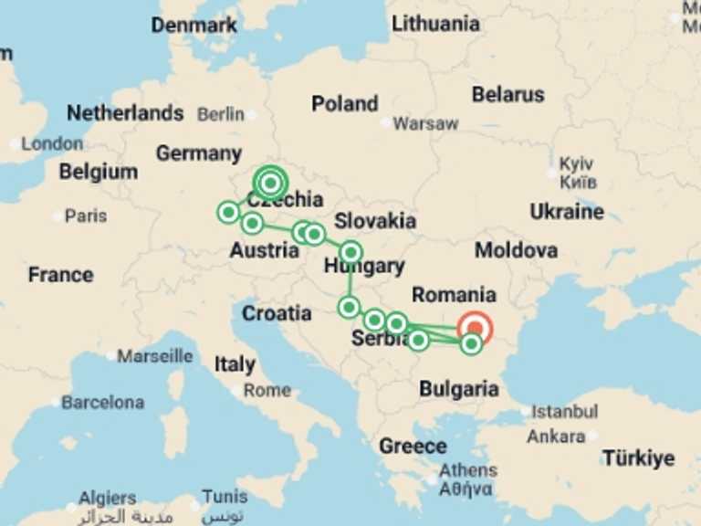 Map itinerary of Europe Tour in April 2027 with 12 destination visits for the trip: Portraits of Eastern Europe (2027)