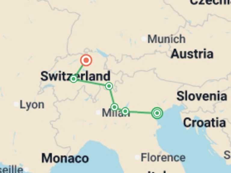 Map itinerary of Europe Tour in April 2027 with 6 destination visits for the trip: Vistas of Italy and Switzerland