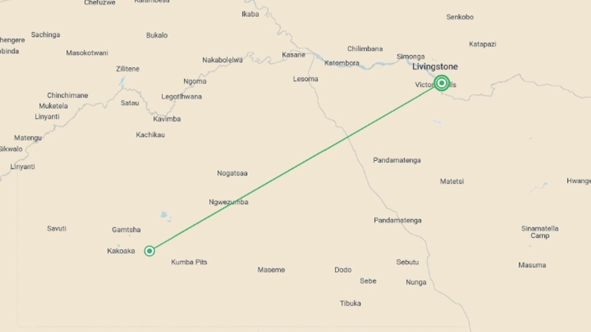 A map showing the tour itinerary for the trip: Victoria Falls & Chobe - 4 days, starting in Victoria Falls, Zimbabwe and ending in Victoria Falls, Zimbabwe going through 0 other destinations.