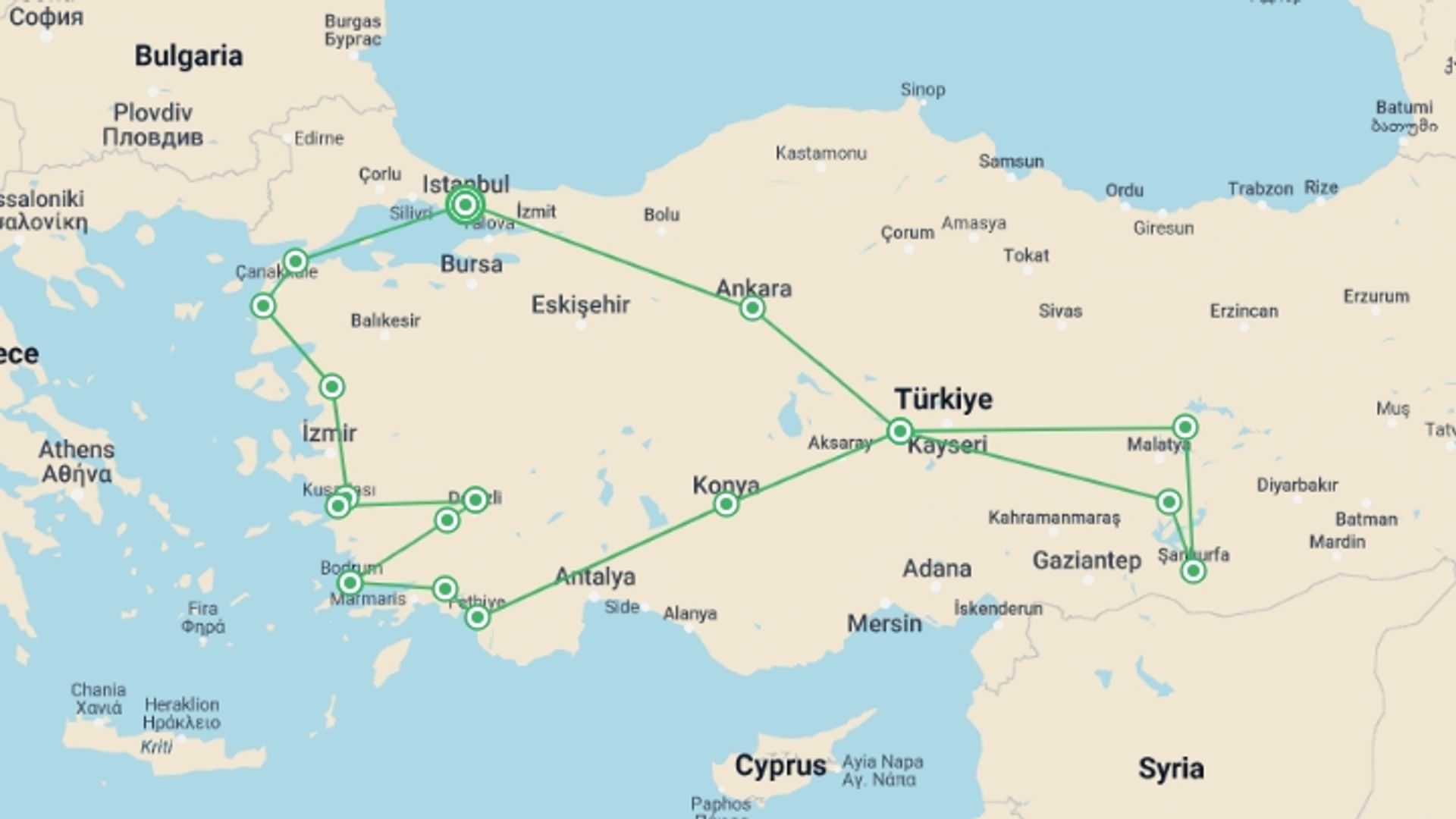 A map showing the tour itinerary for the trip: Turkey Encounters, starting in Istanbul, Turkey and ending in Istanbul, Turkey going through 10 other destinations.