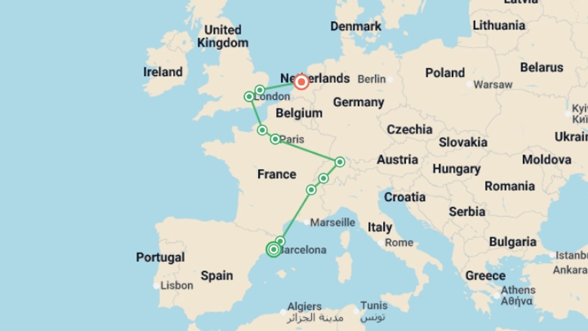 A map showing the tour itinerary for the trip: Green Panorama, starting in Barcelona, Spain and ending in Amsterdam, Holland going through 8 other destinations.