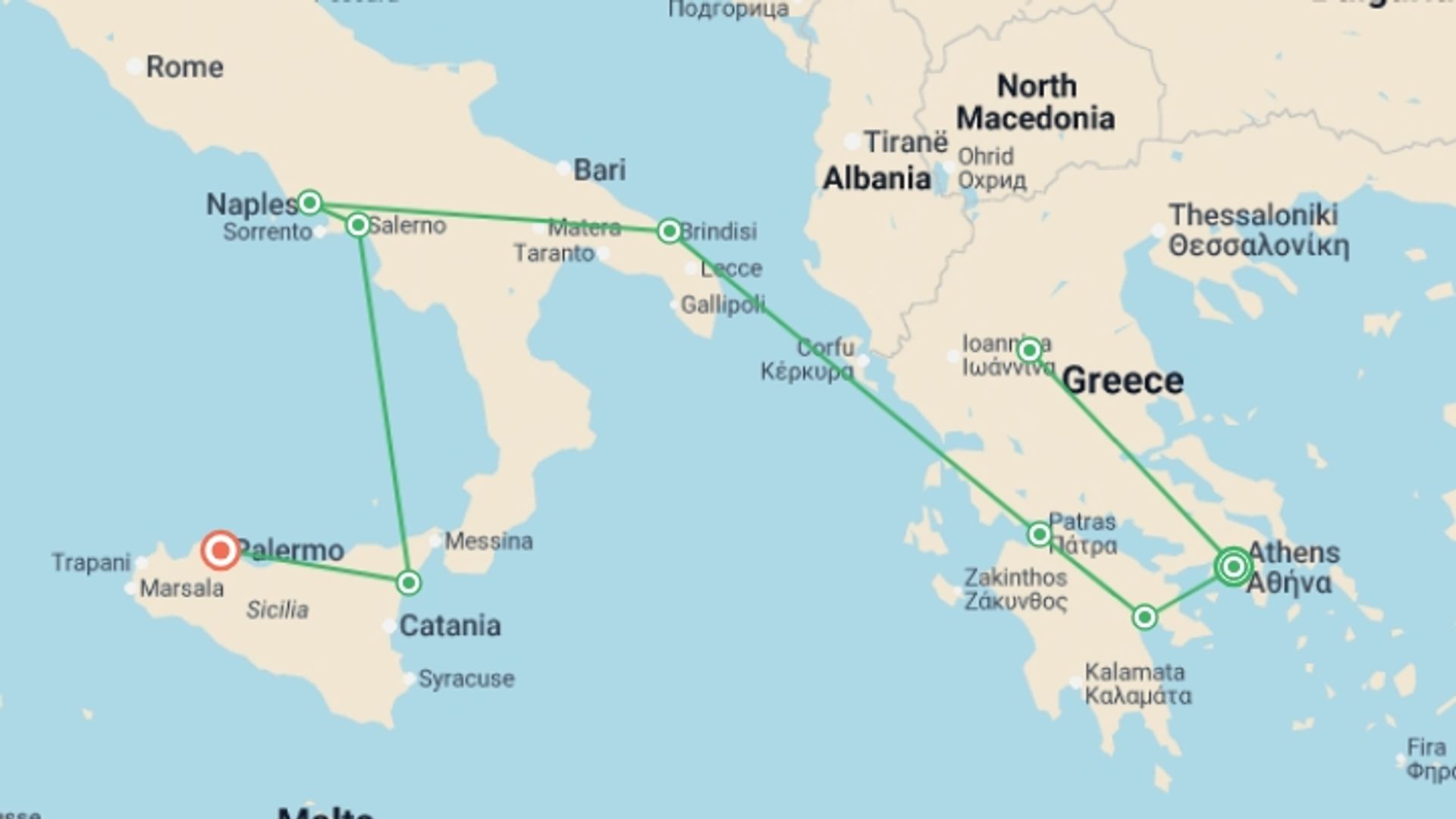 A map showing the tour itinerary for the trip: Complete Greece, Puglia, Campania and Sicily, starting in Athens, Greece and ending in Palermo, Italy going through 7 other destinations.