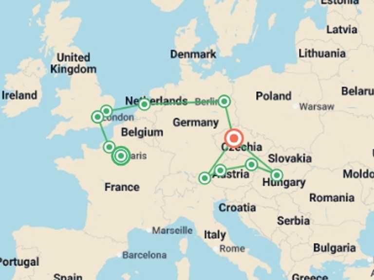 Map of Mediterranean Tour with 11 destination visits for the trip: Paris and Golden Capitals GO