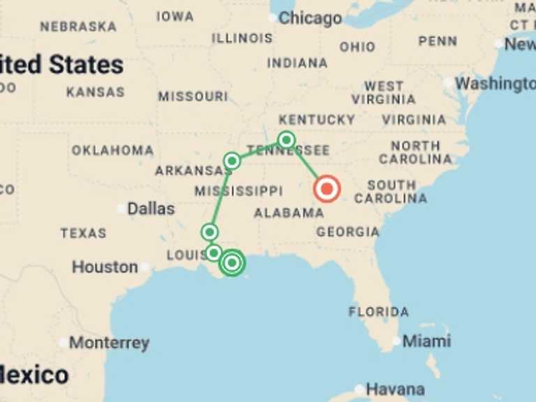 Map of New Orleans Tour with 5 destination visits for the trip: Sounds of the South New Orleans to Atlanta - 8 days