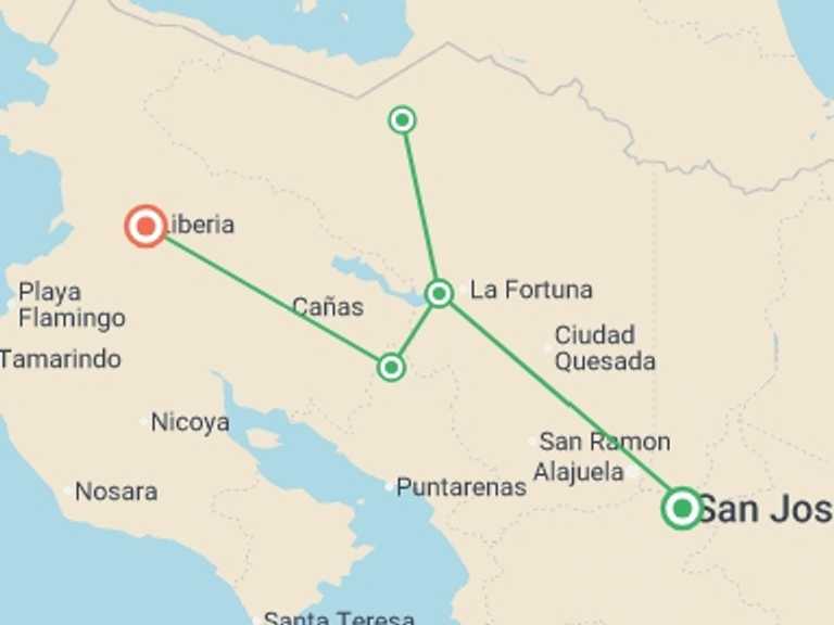 Map itinerary of South America Tour in February 2026 with 5 destination visits for the trip: Tropical Costa Rica 