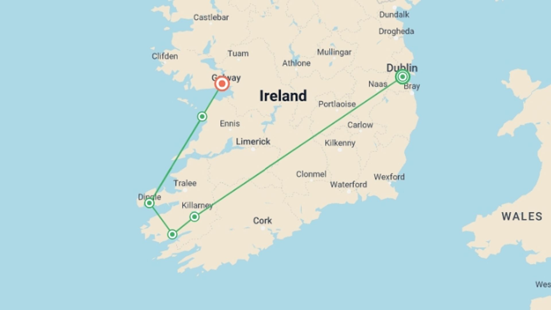 A map showing the tour itinerary for the trip: 5-Day Magical Southern Ireland Tour, starting in Dublin, Ireland and ending in Galway, Ireland going through 2 other destinations.
