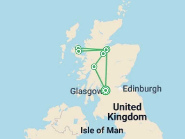 Map itinerary of Scotland Tour in December 2025 with 2 destination visits for the trip: Glasgow to Inverness & Skye - 3 days